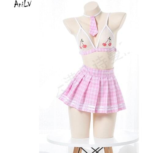 AniLV Lovely Girls Cherry Plaid Bikini Swimsuit Costume Anime School Student Swimwear Uniform Temptation Lingerie Cosplay