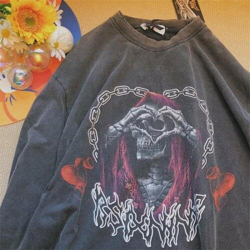 Y2K Vintage Distressed Skull print Female Sweatshirts Women Oversized Sweatshirt Harajuku Long Sleeve Pullovers Grunge clothes