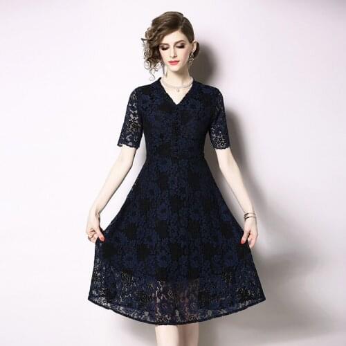 High Quality Summer Women Elegant Lace Dress Female Blue Party Robe Femme Vintage Designer V-Neck Simple A-Line Vestidos