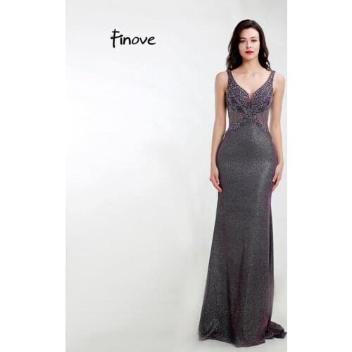 Finove 2020 Elegant Evening Dresses Long V Neck Backless Beading Crystal Illusion Mermaid Dress Party Prom Gowns Plus Size