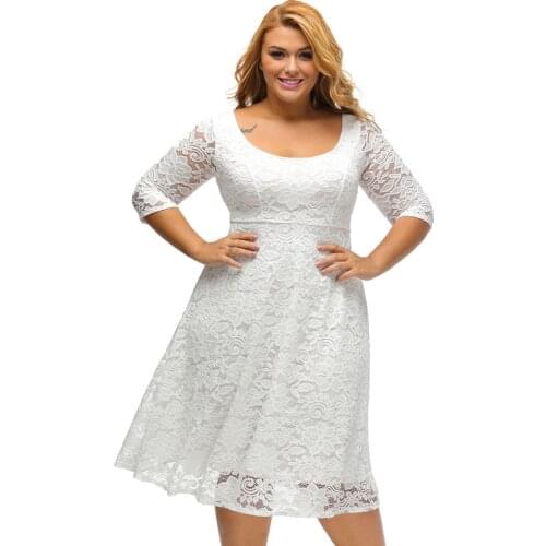 EaseHut Evening Night Party Dress Women Elegant White Crochet Lace Floral A-line Midi Dresses Female Pin Up 5XL Plus Size Dress
