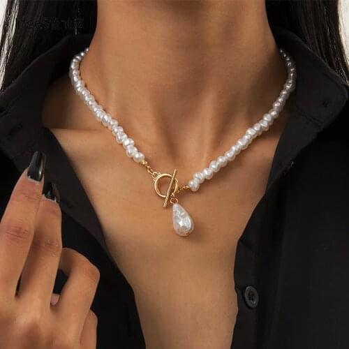 IngeSight.Z Imitation Pearl Lasso Toggle Clasp Choker Necklace Collar Punk Baroque Pendant Necklaces Jewelry