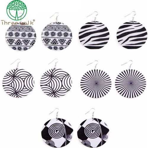 Wood Round Tropical Africa Black White Stripes Chic Tribal Earrings Vintage Wooden Party Accessory Ear Club Punk African Jewelry