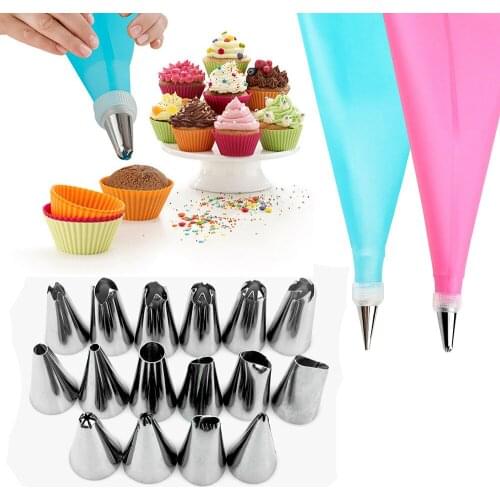 DIY Cake Tool Decorating Tools Icing Piping Cream Reusable Pastry Bags+16Nozzle Set 18 PCS/Set Silicone Pastry Bag Nozzles Tips