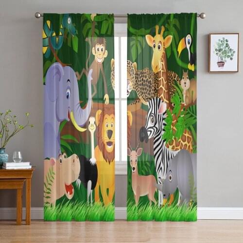 Jungle Wild Animals Cartoon Print Sheer Window Panel Curtains Room for Living Room Bedroom Kitchen Room Chiffon Tulle Curtains