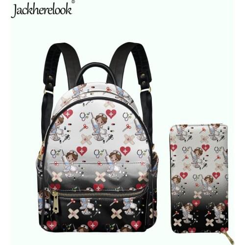 Jackherelook Nurse Backpack Clutch Wallet 2pcs/Set Womens Small PU Leather Satchel Purse Ladies Daily Storage Bag bolsa feminina