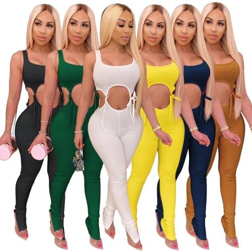 Women Fitness Jumpsuits Sexy Sleeveless Hollow Out Lace Up O-Neck Elasticity Party Rompers Solid Color One Piece Outfits