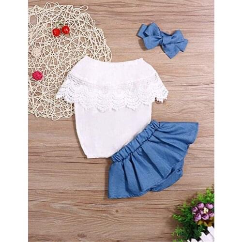 2021 3pcs Baby Girls Clothes Summer New Kid Clothing Newborn Girl Outfit Lace Ruffled Top+Demin Shorts Dress+Headband tweed set