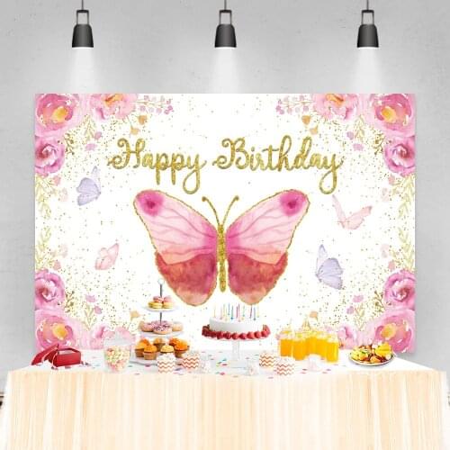 Laeacco Pink Butterfly Flowers Happy Birthday Party Photography Background Gold Glitters Girls Portrait Photocall Backdrops