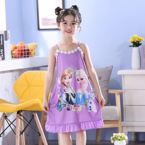 Summer Childrens Nightgown Girls Ice Silk Sling Short Sleeves Thin Section Cute Princess Girls Pajamas Cartoon Home Service