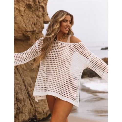 Summer Womens Bikini Cover Up Tops Sexy Hollow Out Cover Ups Shirt Solid Long Sleeve One Shoulder Beach Crochet Cover Tops