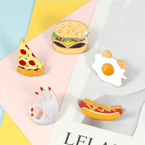 Cute Food Brooch Enamel Pins French fries Egg Burgers Pizza icon badge jacket Backpack Lapel Metal Pin Kids Female Jewelry Gift