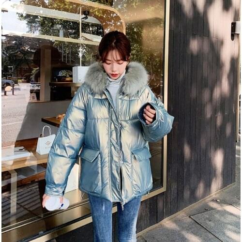 2021 New Women Clothing Cotton Coat Hooded Big Fur Collar Warm Outwear Glossy Loose Thick Padded Jacket Ladies Winter Coat Parka