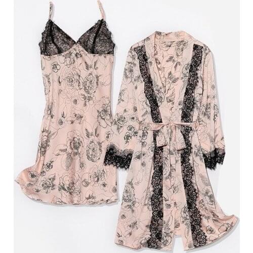 Pajamas Casual Home Wear Nightwear Sexy Lace Robe Bath Gown Women Sleep Suit Floral Print Satin Sleepwear Sets