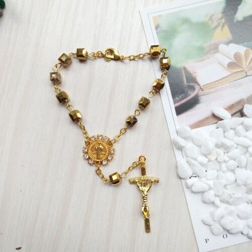 QIGO Gold Crystal Rosary Bracelet Women Cross Religious Catholic Jewelry