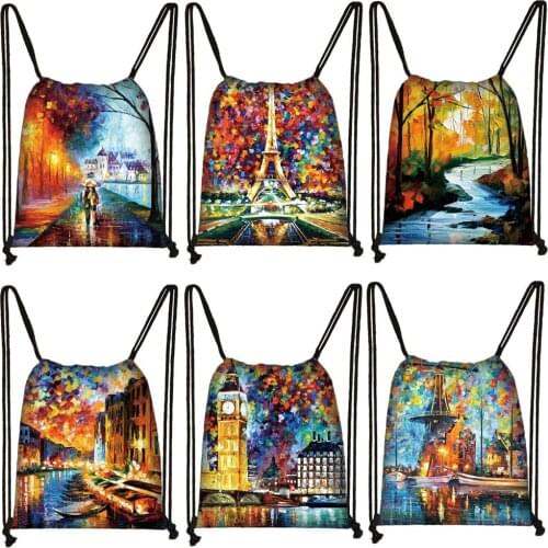 Landscape Oil Painting Print Backpack Women Storage Bags for Travel Ladies Drawstring Bags Boys Girls Bookbag Shoes Holder