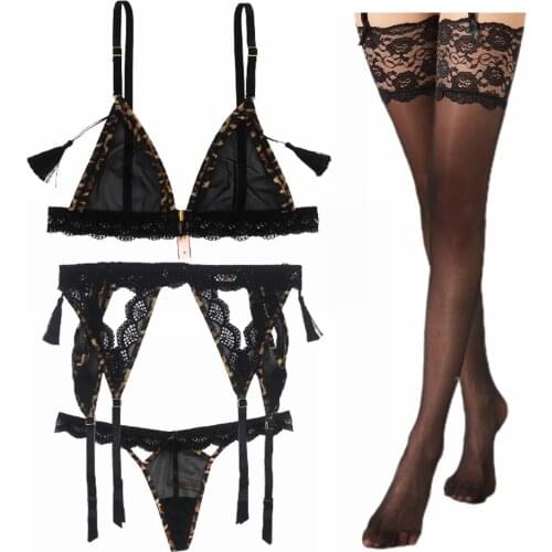 Sexy Lingerie for Women Lace Unlined See Through Underwear set Front Button Wireless Bra and Garter and Gs-string and Stockings