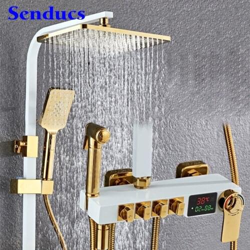 Senducs White Gold Thermostatic Bathroom Shower Set Newly Rotary Knob Thermostatic Shower System Smart Bathroom Faucet