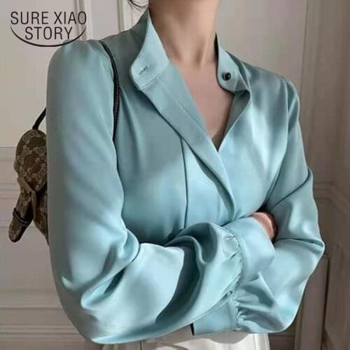 Office Lady Solid Stand Collar Shirts Women 2021 Silk Satin Women Blouse and Tops Plus Size Loose Puff Sleeve Clothing 13221