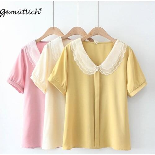 GEMUTLICH Women Chiffon Short Sleeves Blouse Peter pan Collar Loose Fashion Shirt Pullover Big Size Summer Sweet Style Top