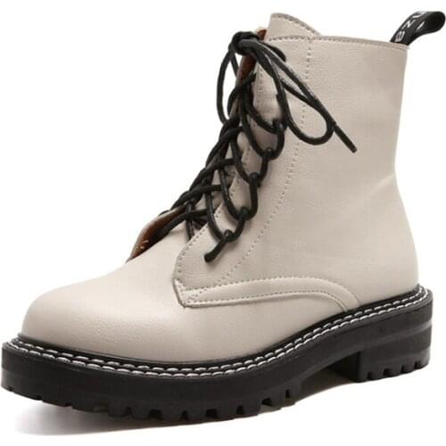 2021 Fashion Microfiber Leather Boots Women Shoes Thick Sole Lace Up Autumn Winter Short Ankle Boots for Women Motorcycle Boots