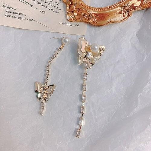 MWSONYA New Korean Romantic Stereoscopic Butterfly Long Earrings for Women Asymmetry Pearl Tassel Students Fashion Party Jewelry