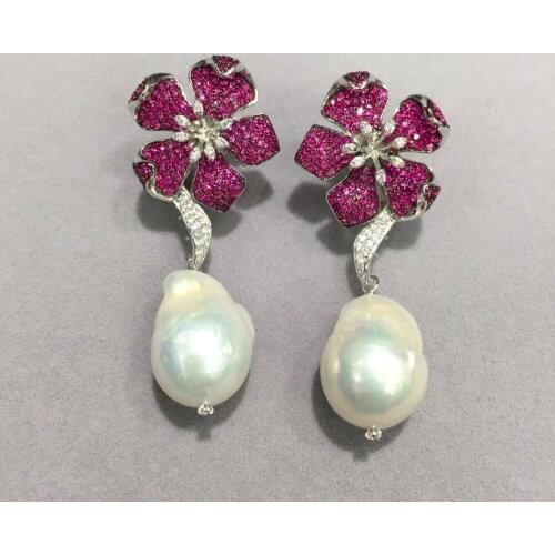 Baroque natural fresh water pearl earring 925 sterling silver with cubic zircon flower drop earring luxury jewelry party women