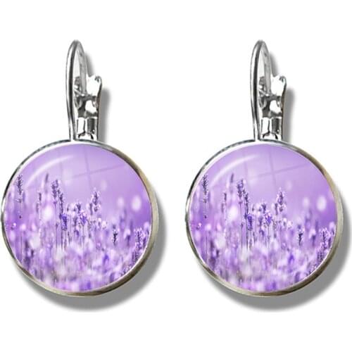 Dropship French Earrings Beautiful Purple Lavender Flowers and Plants Glass Dome Cabochon Earrings Jewelry for Women Girls Gift