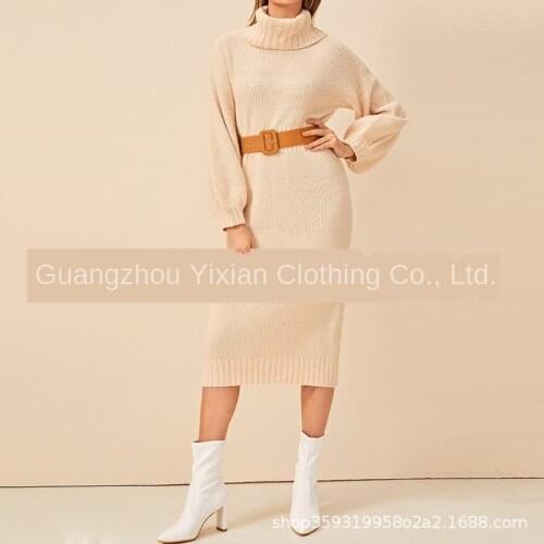 2020 European style long sweater women loose high neck khaki winter casual bottoming knitted dress sweaters for women