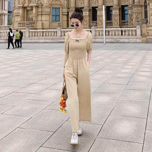 2021 Summer Elegant Fahsion Khaki Wide Leg Jumpsuit Women Short Sleeve Square Collar Slim One Piece Pants Sets Black Overalls