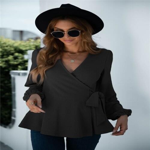 Womens Top Spring Autumn Bandage Cross V-Neck Solid Color T-Shirts Patchwork Lantern Sleeve Slim T Shirt Ropa Mujer Kawaii Tops