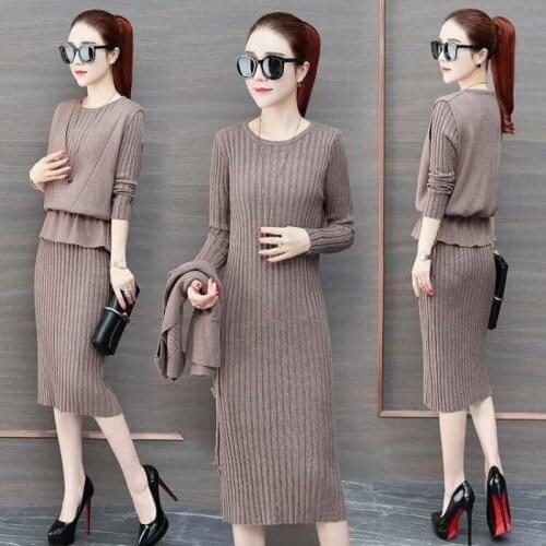 2021 Autumn Winter Two Piece Set Womens Long Sleeve Knitted Pullovers + Long Skirts Sweater Suits Ladies Knit Outfits X383