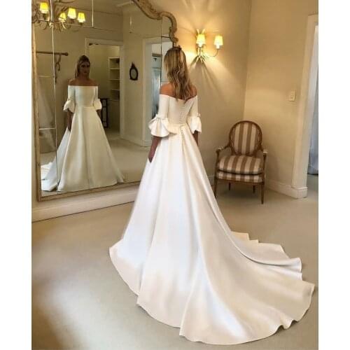 Retro A-Line Long Satin Wedding Dresses Boat Neck Sweep Train Lace Up Back Vestidos de Novia Abendkleider Bridal Gowns for Women
