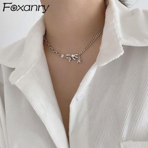 FOXANRY 925 Sterling Silver Clavicle Chain Necklace for Women Fashion Vintage Splicing Design Bear Star Party Jewelry Girls Gift