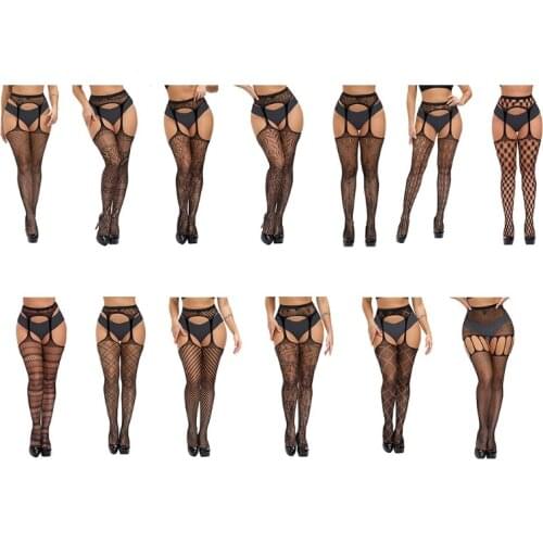 Women Sexy Fishnet Lingerie High Waist Suspender Pantyhose Hollow Out Patterned Sheer Tights Garter Thigh High Stockings