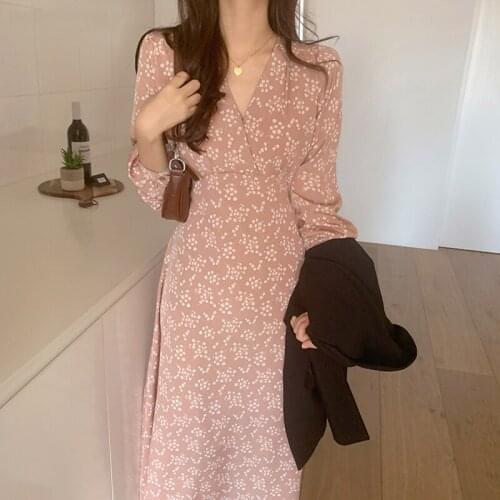 HStar Spring Summer V-neck A-line Female Dress Floral Slim Waist Full Sleeve Women Dress 2020 Party Vestidos Femme