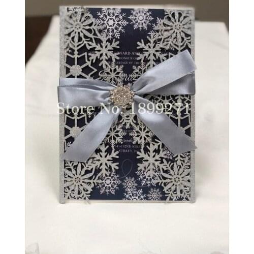 1pcs Top Sale Snow Design Silver Glitter Modern Laser Cut Wedding Cards Wedding Party Invitations Cards with Ribbon Envelope