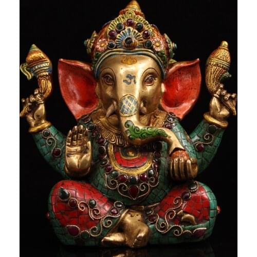 9"Nepal temple Old Bronze mosaic Gem Painted outline in gold Elephant Trunk God of Wealth Buddha Statue Town House