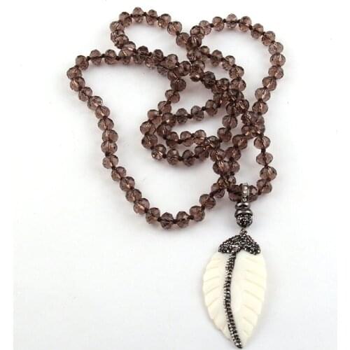 Free Shipping Fashion Long Crystal Glass Knotted Handmake Paved Shell Leaves Pendant Necklaces