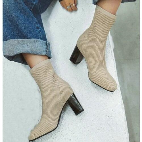 New Series Spring Autumn Knitted Women Ankle Boots Round Toe 7CM Thick Heel Ladies Elastic Boots Black Beige Fashion Short Boots