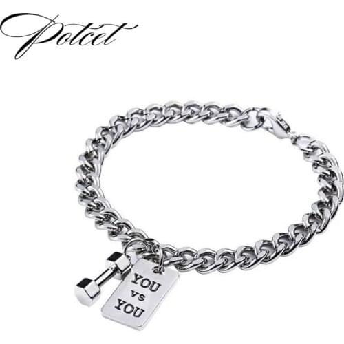 POTCET Unisex Stainless Steel Dumbbell Square Letter Titanium Steel Bracelet Geometric Hip Hop Personality Party Jewelry