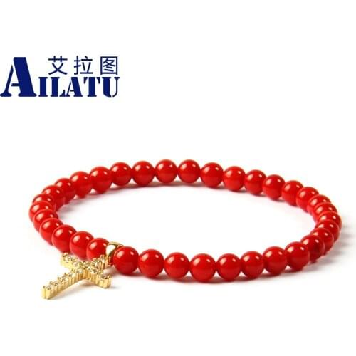 Ailatu Brand Jewelry Wholesale 5mm A Grade Dyed Red Coral Stone Clear Cz Jesus Cross Beaded Bracelet for Lover Gift