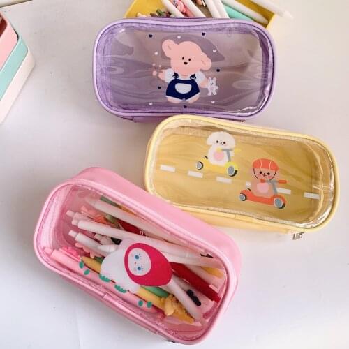 Cute Girl Kawaii Rabbit Macaron Pencil Case Transparent PVC Large Capacity Student Stationery Storage Bag Cartoon Pencil Case
