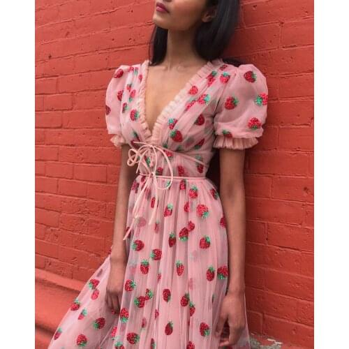 Women Strawberry Dress Puff Sleeve Deep V-Neck Pink Dress Ball Gown Bow Bandage Mesh Black Dress Sweet Party Dress Evening