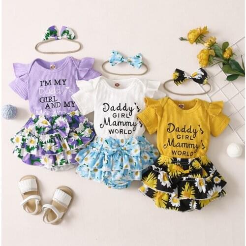 Cute Girls Outfit Suit Summer Fly Sleeve Round Collar Letter Romper + Floral Printing Pantskirt + Bow Headwear Baby Set Clothing