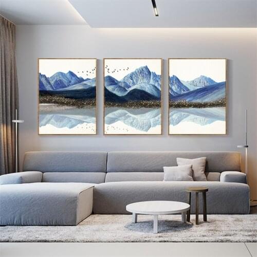Blue Mountain Pebbles Scenery Poster Canvas Print New Chinese Style Landscape Painting Wall Art Pictures for Living Room Decor