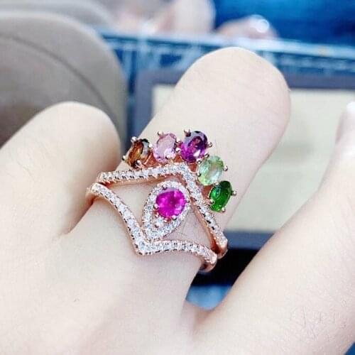 Natural real colorful tourmaline crown luxury ring Per jewelry 0.25ct*6pcs gemstone 925 sterling silver Fine jewelry J21559