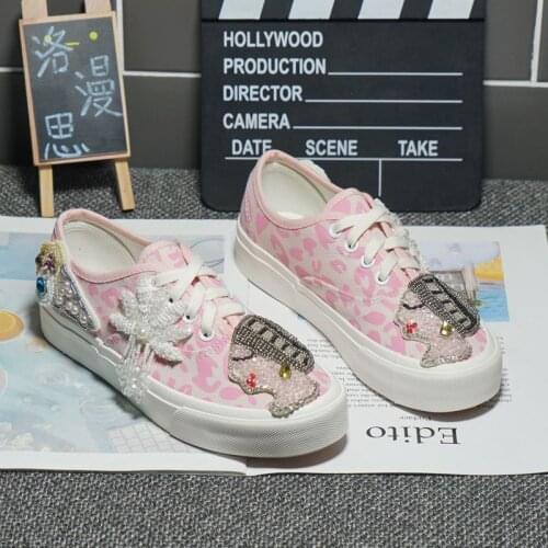 2021 new pink leopard canvas shoes ladies heavy industry shiny rhinestone low cut casual shoes age reduction