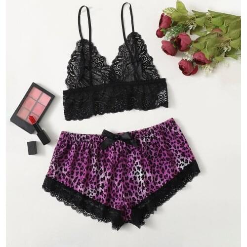 2021 New Pyjama Satin Silk Leopard Pajamas Women Nightdress Lingerie Lace Sling Tops Shorts Sleepsuit Temptation Underwear