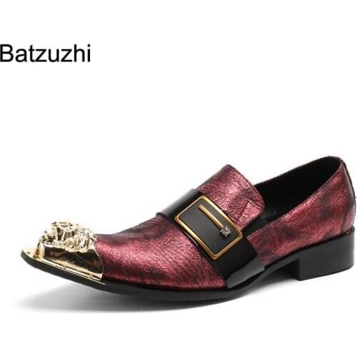 Batzuzhi New Handmade Mens Leather Dress Shoes Pointed Golden Metal Toe Fashion Business, Party and Wedding Shoes Men, Big Size